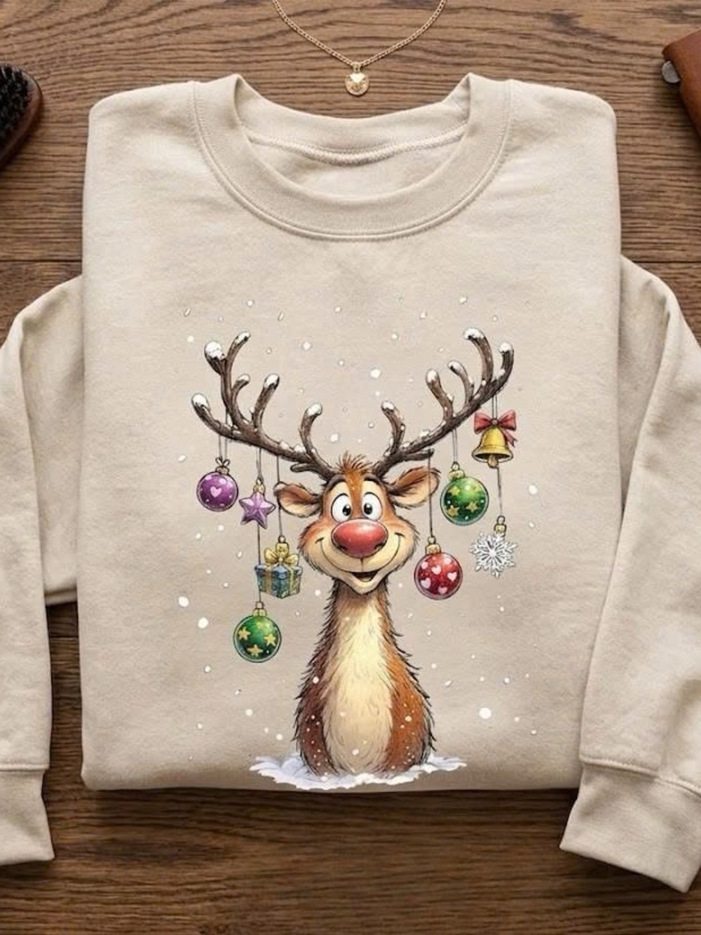 Cute Christmas Reindeer Rudolph Graphic Sand Beige Crewneck Sweatshirt